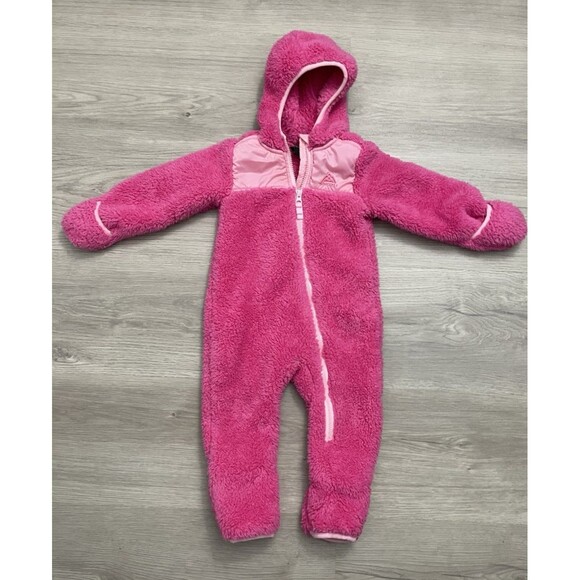 SNOZU  Girl 18 months Pink Fleece Hooded Snowsuit w/Hand & Foot Fold Over Covers - Picture 1 of 7